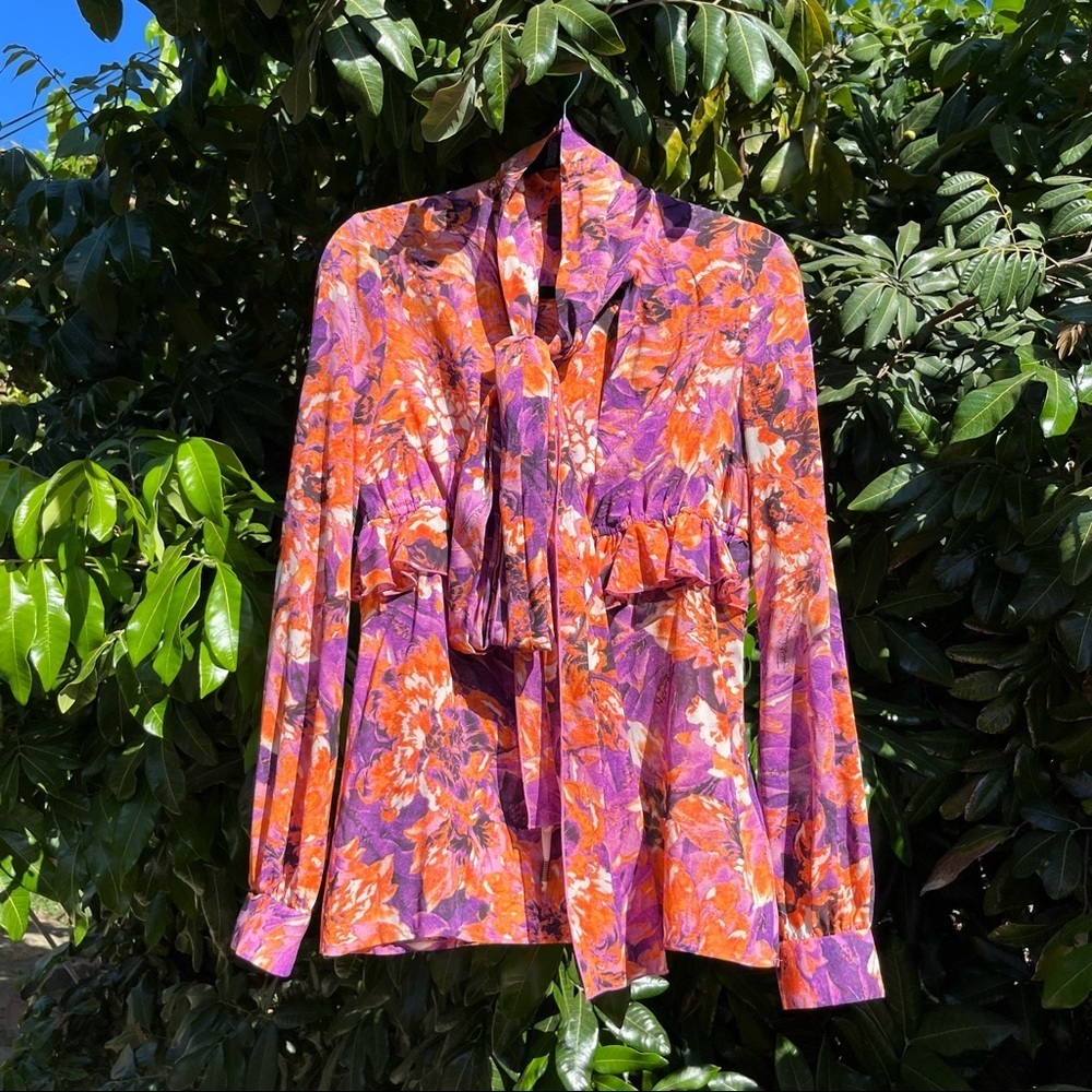 Just Cavalli purple‎ orange floral logo print silk blouse